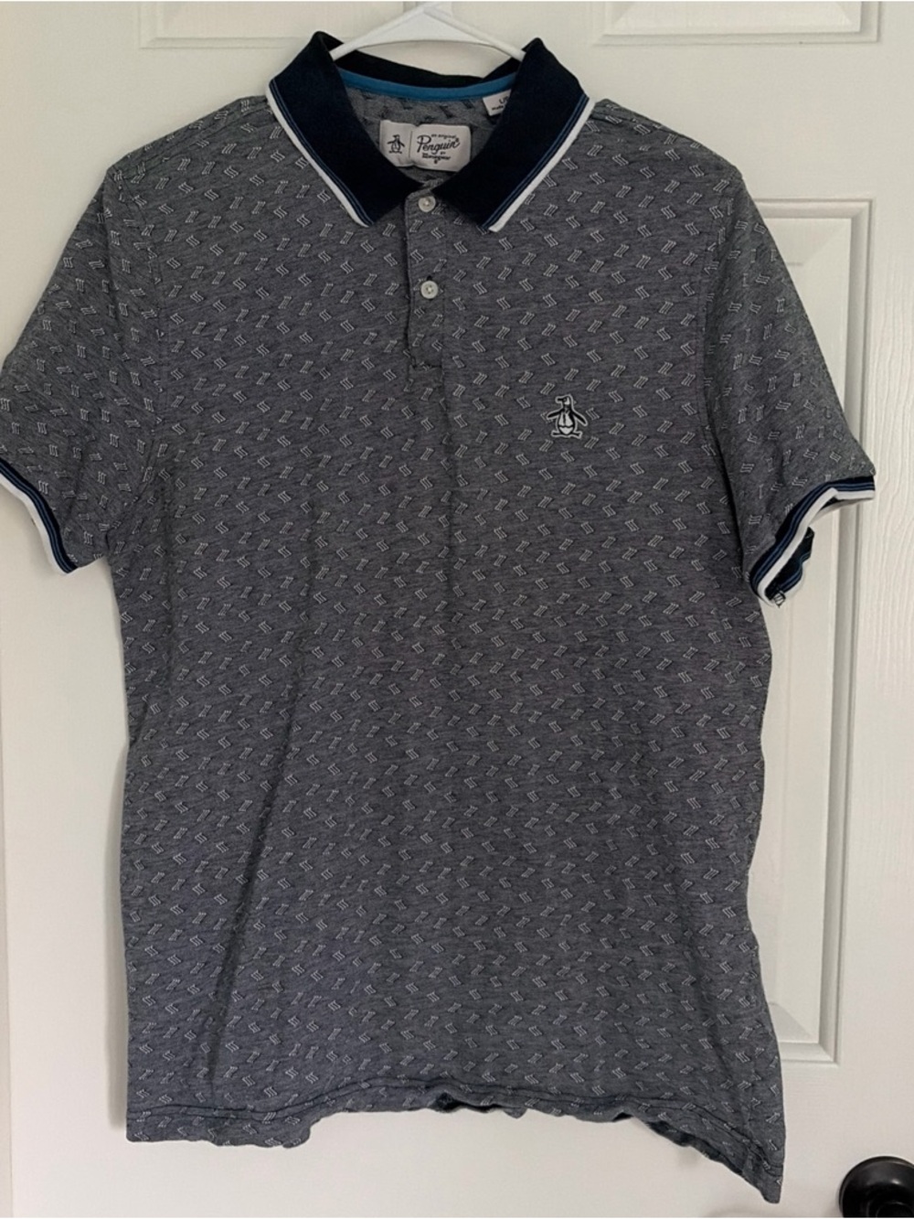 Original Penguin Men's Grey Patterned Polo with Navy Trim